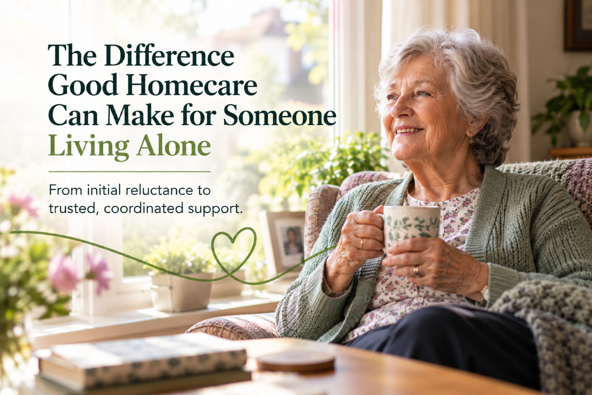 An older woman sitting independently at home with a cup of tea, looking out of the window